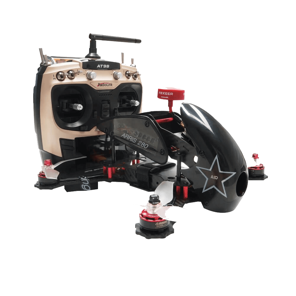 FPV black white and red with golden remote drone
